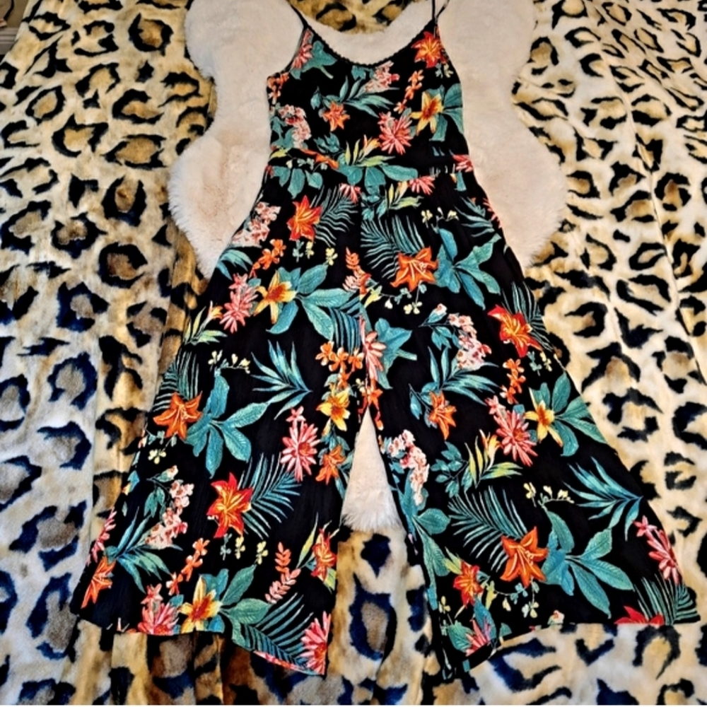 WOMEN'S LG TROPICAL PRINT, WIDE LEG, CULOTTES JUMPSUIT